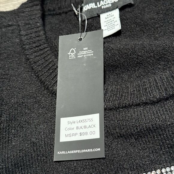 Karl Lagerfield Black C'est La Vie Flutter Sleeve Rhinestone Sweater NWT Medium - Picture 3 of 10